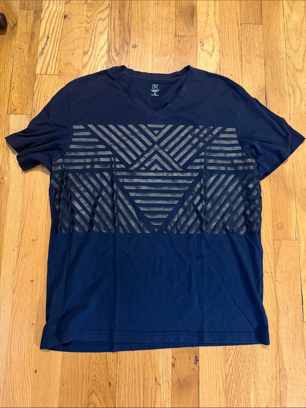 INC International Concepts Men’s Navy V-Neck Tee with Tonal Geometric Print